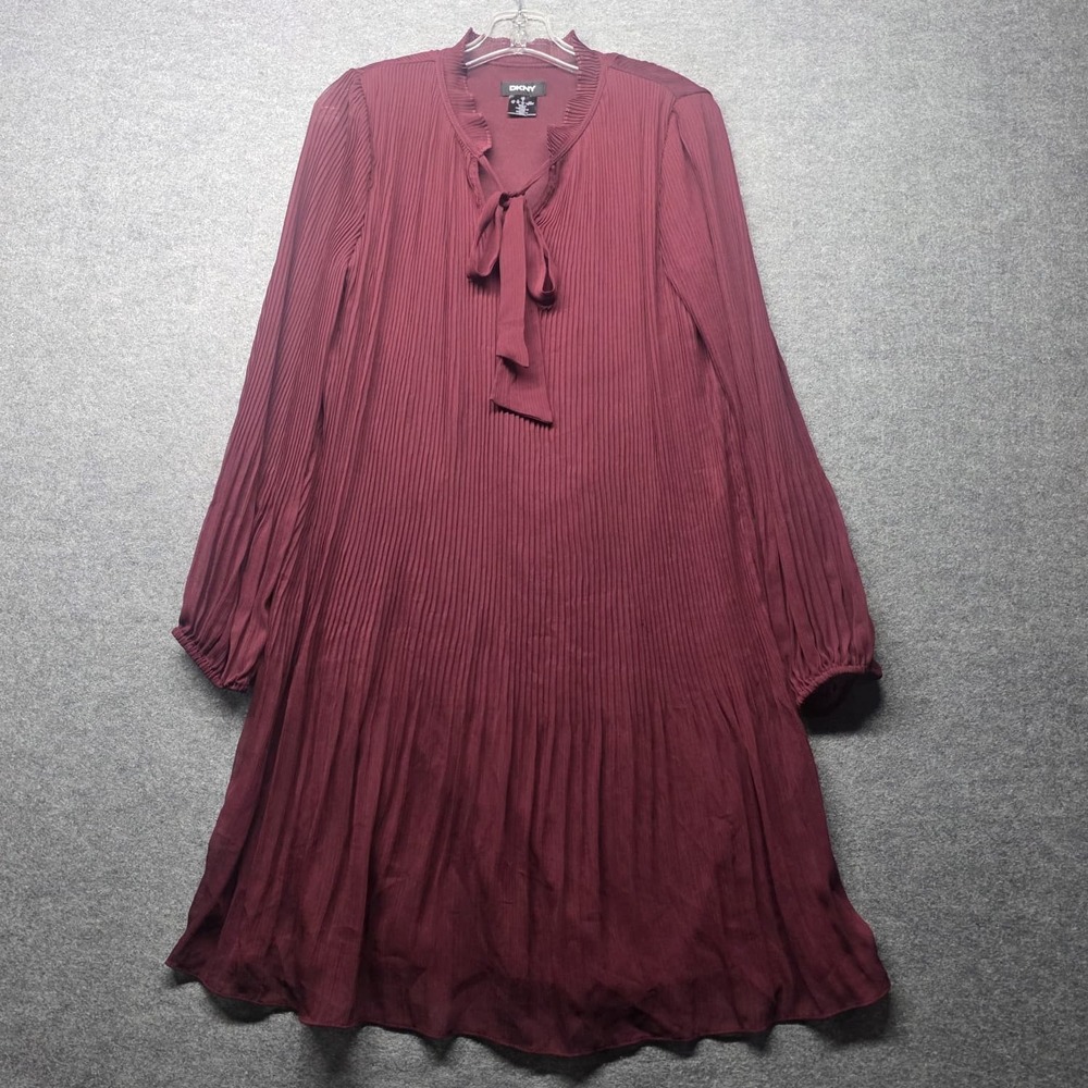 DKNY Women's Pleated Tie Neck Dress Burgundy Wine Long Sleeve A-Line Size 10